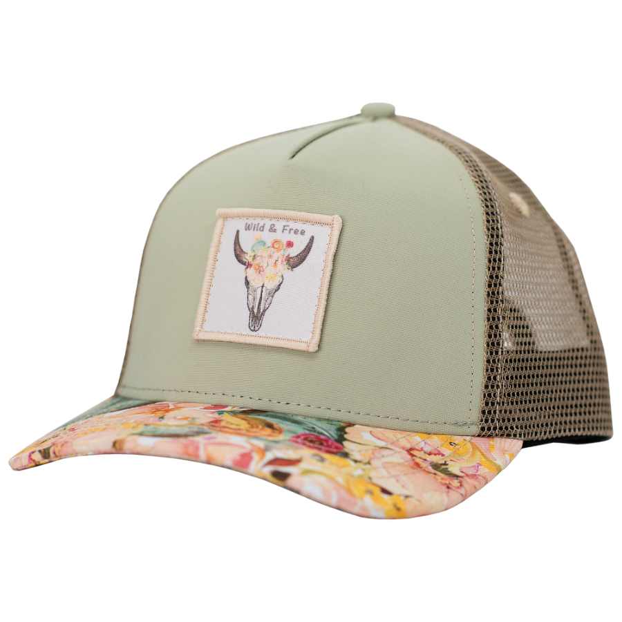 Trucker hats for girls with flowers and a light green front. 