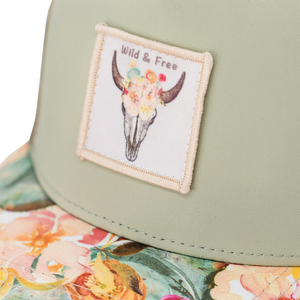 Boho chic for your little explorers in this desert inspired hat, named after my favorite spot in the U.S. Light green bamboo fabric on the front with a flowered bison skull patch. The perfectly curved brim is adorned with a desert flower print. Trucker style to keep your toddlers cool all summer long is simply fabulous!