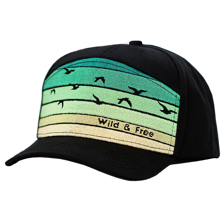 Bright and colorful ombre embroidered effect with blues, greens, yellows, and birds black toddler hat. Beach hat for kids.