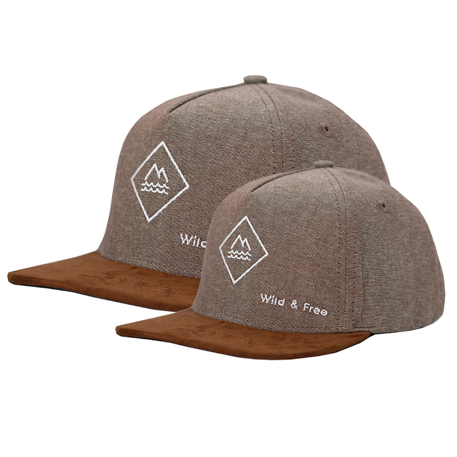 Brown suede flat brim kids and adult matching hats.