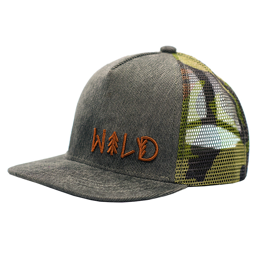 Corduroy and camouflage kids hat with the word Wild embroidered. Buck Wild is a flat billed trucker hat for kids and toddlers.
