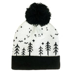 Load image into Gallery viewer, Black and white Winter beanie for kids with pine trees and moon design. Neutral clothes for kids.

