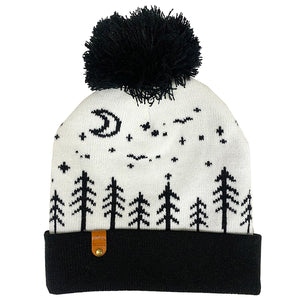 Black and white Winter beanie for kids with pine trees and moon design. Neutral clothes for kids.