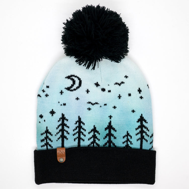 Hand-dyed kids winter beanie fading from blue to white with black pom-pom and forest design.