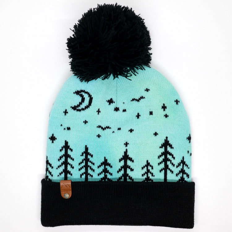 Hand-dyed kids winter beanie fading from blue to green with black pom-pom and forest design.