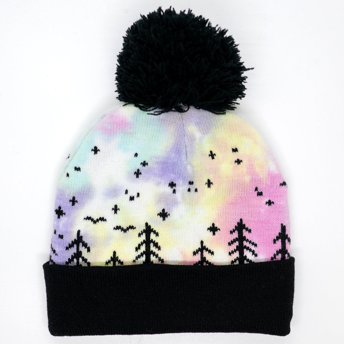 Hand-dyed pink, yellow, blue and purple kids winter beanie with black pom-pom, folded cuff, pine trees, moon and stars.