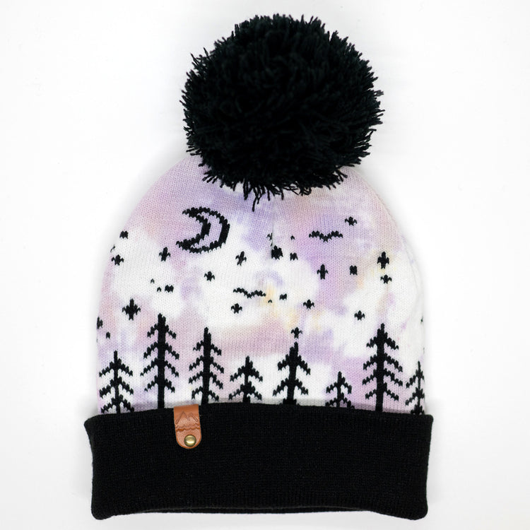 Hand-dyed pink, and purple kids winter beanie with black pom-pom, folded cuff, pine trees, moon and stars.
