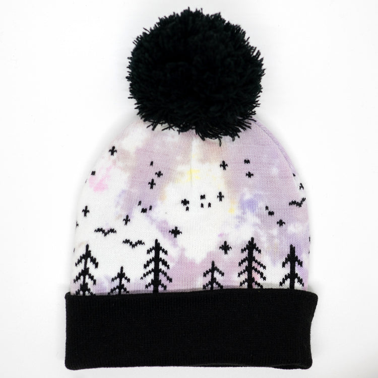 Hand-dyed pink, and purple kids winter beanie with black pom-pom, folded cuff, pine trees, moon and stars.