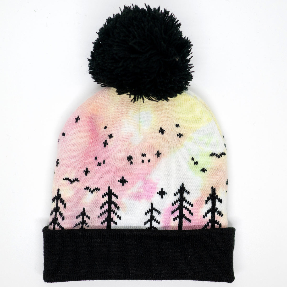 Hand-dyed pink, and yellow kids winter beanie with black pom-pom, folded cuff, pine trees, moon and stars.