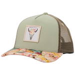 Load image into Gallery viewer, Trucker hats for girls with flowers and a light green front. 
