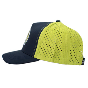Water resistant hat for kids. Athletic hat for children. Blue and green hat for the water.