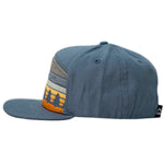 Load image into Gallery viewer, Get lost embroidered woodsy kids hat for hikers, outdoor-lovers, and just cool kids. Subtle sunset design with pine trees on a slate blue flat brim children&#39;s cap.
