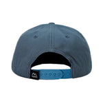 Load image into Gallery viewer, Get lost embroidered woodsy kids hat for hikers, outdoor-lovers, and just cool kids. Subtle sunset design with pine trees on a slate blue flat brim children&#39;s cap.
