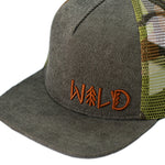 Load image into Gallery viewer, Buck wild kids camo hat with a flat bill. Great for outdoor lovers and those special mountain hikes. Gray corduroy on the front with a burnt orange &quot;Wild&quot; 3D embroidered on the front left side with a mesh trucker style camouflage print on the back.
