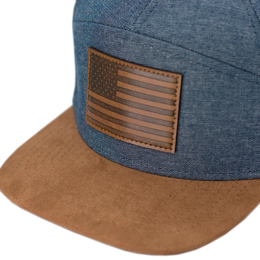 American flag hat for kids with brown suede flat bill and lightweight denim.