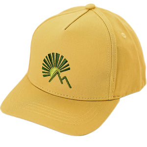 Cute yellow toddler hat with mountain and sun embroidered design. These youth hats make great gifts. 