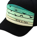Load image into Gallery viewer, Bright and colorful ombre embroidered effect with blues, greens, yellows, and birds black toddler hat. Beach hat for kids
