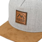 Load image into Gallery viewer, All Good Things Are Wild and Free hats for kids. Heather Grey kids hat with a brown suede flat brim.
