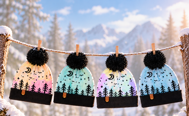 Four pastel hand-dyed Auroras kids' beanies with black pom-poms hanging on a snowy clothesline in the mountains