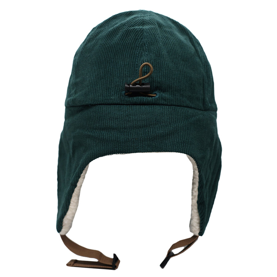 Winter flap hat for children with blue corduroy and a fleece lining.