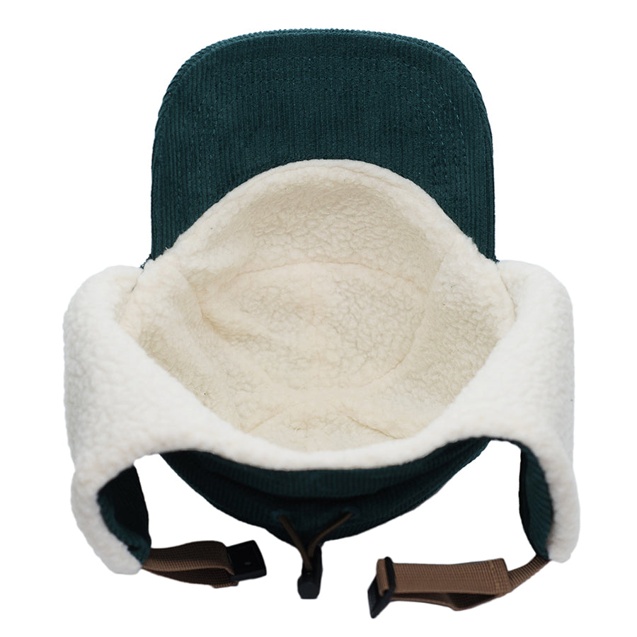 Winter flap hat for children with blue corduroy and a fleece lining. 