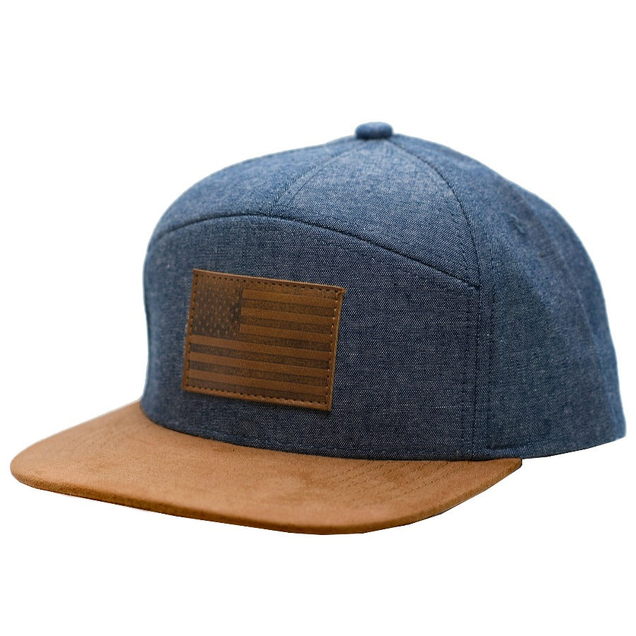 American flag hat for kids with brown suede flat bill and lightweight denim.