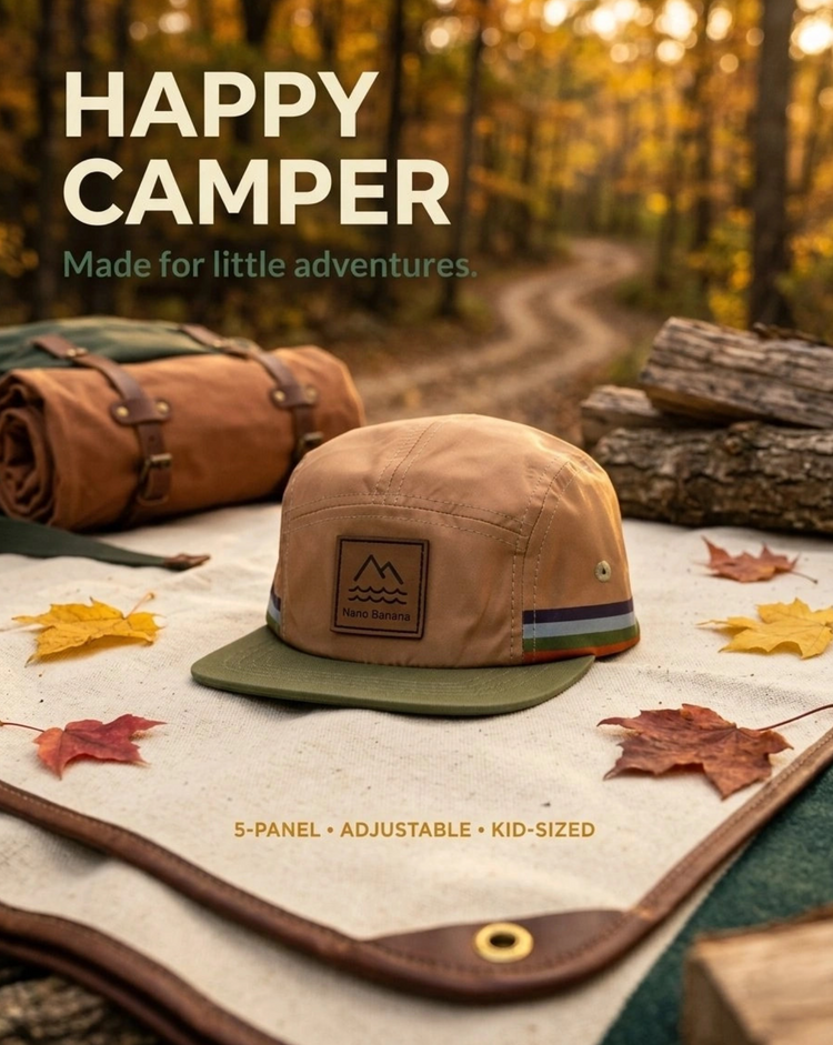 Happy Camper 5-panel kids hat on a canvas blanket with autumn leaves beside a forest trail