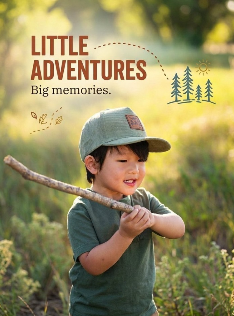 Little boy in a sage green Wild &amp; Free snapback holding a stick in a sunny meadow, with the words Little adventures, big memories