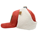 Load image into Gallery viewer, A cross between burnt orange and tomato red, our Zion Wooly children&#39;s flap hat is sure to keep your kids warm and stylish this winter. Our kid&#39;s winter trapper hats are fully lined with soft white fleece, warm corduroy outer shell, and a curved brim to keep the snow or winter sun off of their faces. Best yet, they have a pull cord on the back to customize your fit. Wear them clipped up or down, just be sure to get one for your winter adventures!
