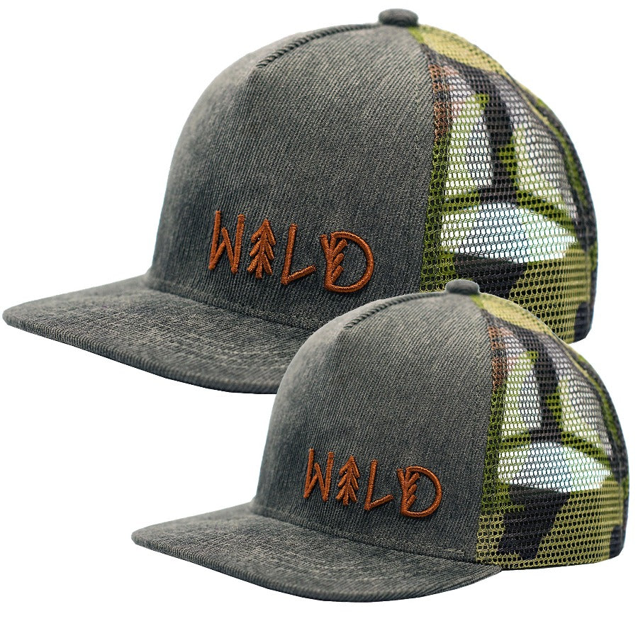 Corduroy and camouflage matching kids and adults hat with the word Wild embroidered. Trucker style hats for adults and youth. Check out all of our great kids apparel!