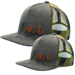Load image into Gallery viewer, Corduroy and camouflage matching kids and adults hat with the word Wild embroidered. Trucker style hats for adults and youth. Check out all of our great kids apparel!
