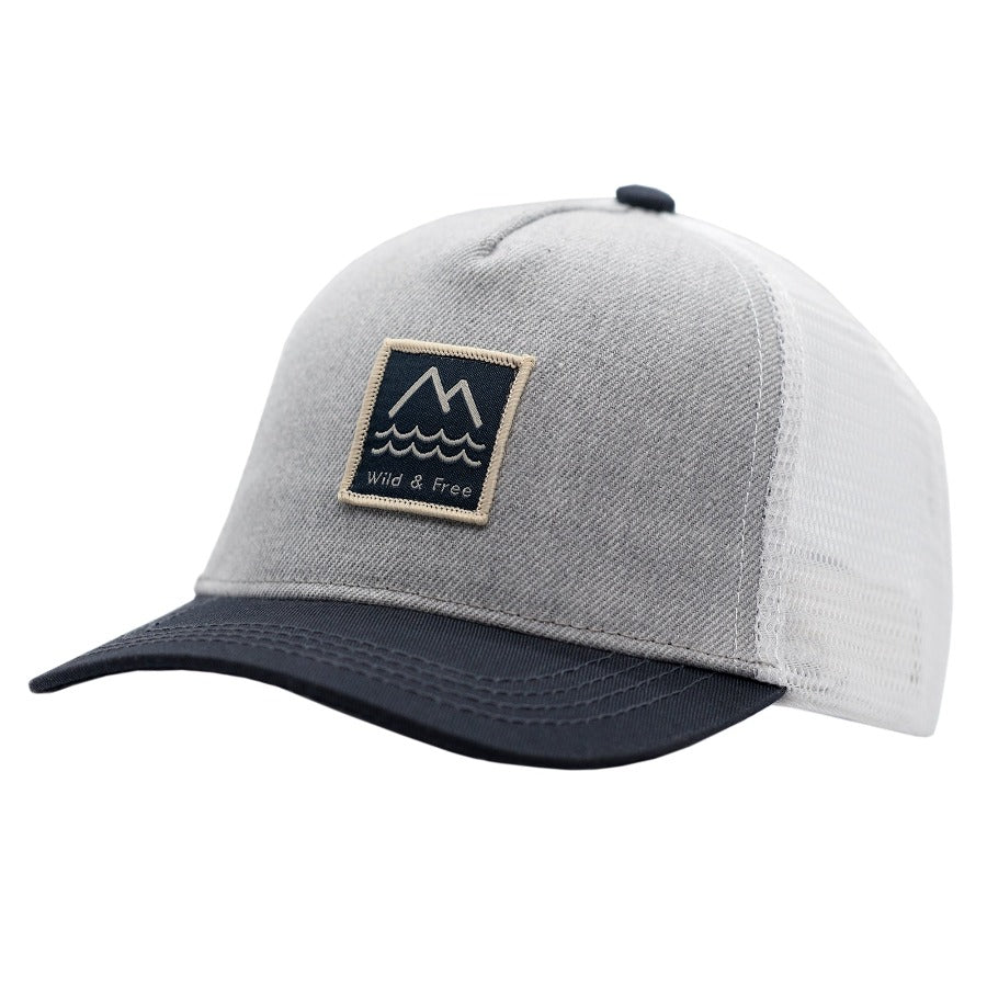 Baseball style kids snapback hat, gray and navy blue by Wild and Free children's hat company. 