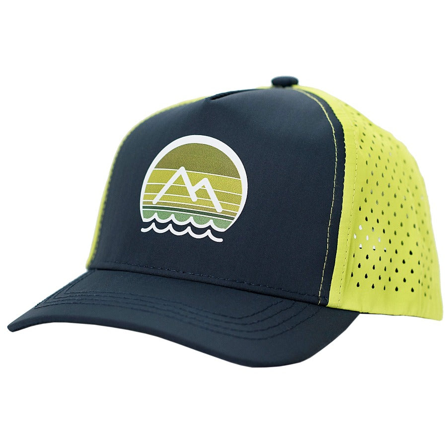 Water resistant hat for kids. Athletic hat for children. Blue and green hat for the water. 