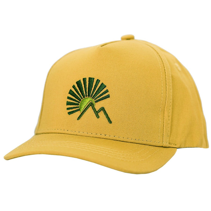 Aspen is our yellow snapback hat for toddlers and kids. Aspen gold with mountains and a sun design. Hats that fit toddler and big kids. 